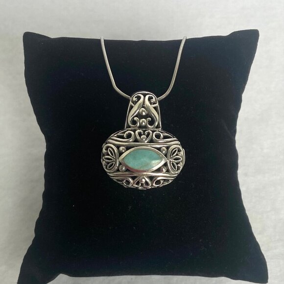 Sterling Silver 925 Chunky Bali Style Scrollwork Turquoise Pendant Necklace 18" - Picture 7 of 16